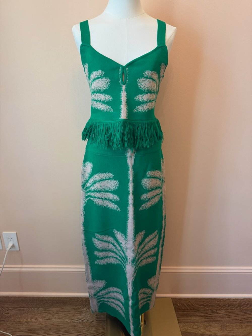 Rivir Green & Cream Knit Fringe Two-Piece Midi Skirt Set Size L